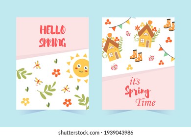Set of spring banners. Hello spring with lettering, cute houses, dragonflies, butterflies, flowers and more. Vector hand-drawn illustration.
