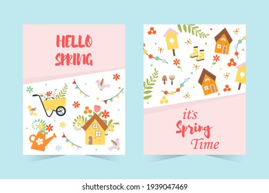Set of spring banners. Hello spring with lettering, cute houses, boots, birds, flowers and more. Vector hand-drawn illustration.