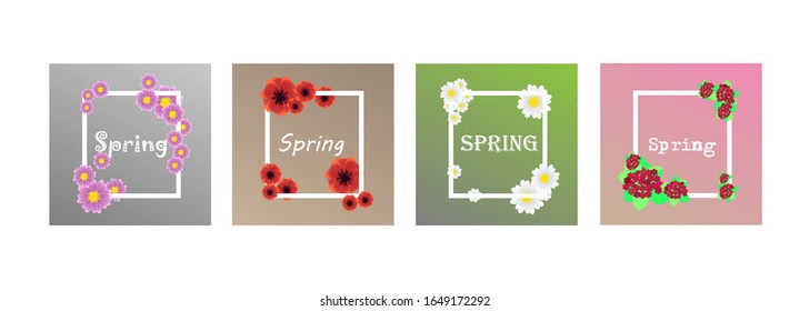 Set of spring banners on multicolored backgrounds with flowers. The banner is ideal for promotions, magazines, ads, and websites. Vector illustration.