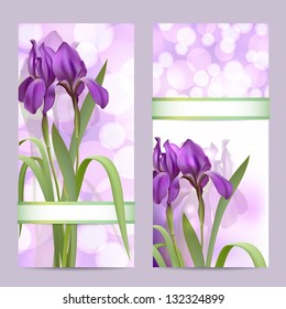 Set of spring banners with Purple Iris Flowers on bokeh background. Vector illustration