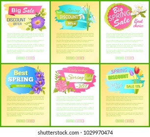 Set spring big sale off advertisement labels on web posters tulip rose crocus snowdrop flowers, springtime blooming promo emblems on landing pages
