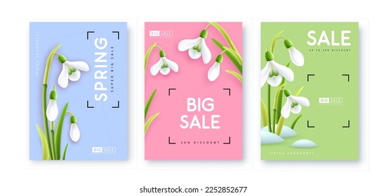 Set of Spring big sale posters with realistic full blossom snowdrops. Set of modern magazine covers. Vector illustration