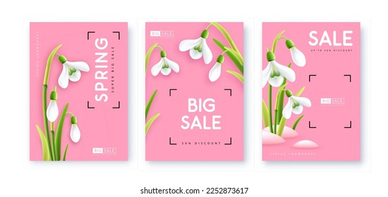 Set of Spring big sale posters with realistic full blossom snowdrops. Set of modern magazine covers. Vector illustration