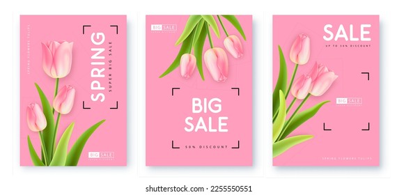 Set of Spring big sale posters with realistic full blossom tulips. Set of modern magazine covers. Vector illustration