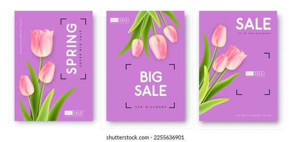 Set of Spring big sale posters with realistic full blossom tulips. Set of modern magazine covers. Vector illustration