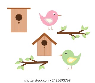 Conjunto con aves de primavera y casas de pájaros, rama con hoja. Vector. Agradable estado de ánimo de primavera, para la artesanía de los niños, papeles, telas, impresión.