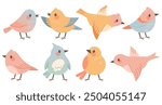 Set of spring birds. Different birds. Beautiful and cute multi-coloured birds. Vector cartoon illustration in childish style. Images are isolated on white. 