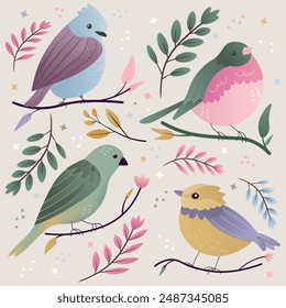Set of spring birds Different beautiful birdie with flowers and branch Cartoon handmade illustration in childish style isolated on light background sitting colourful for cards posters banners vector