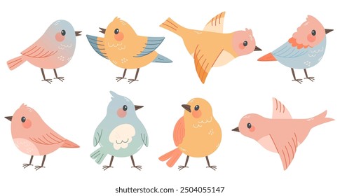 Set of spring birds. Different birds. Beautiful and cute multi-coloured birds. Vector cartoon illustration in childish style. Images are isolated on white. 