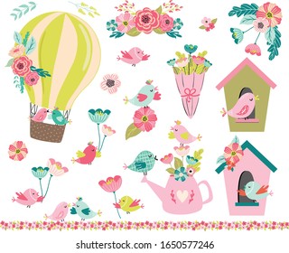 Set of spring birds in the garden isolated clipart illustration elements in scandinavian style isolated on white background. Birds  with flowers, air balloon, watering can, spring gardening concept.