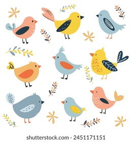 Set of spring birds. Hand-drawn vector cartoon in children's style. Various birds. Images isolated on white.