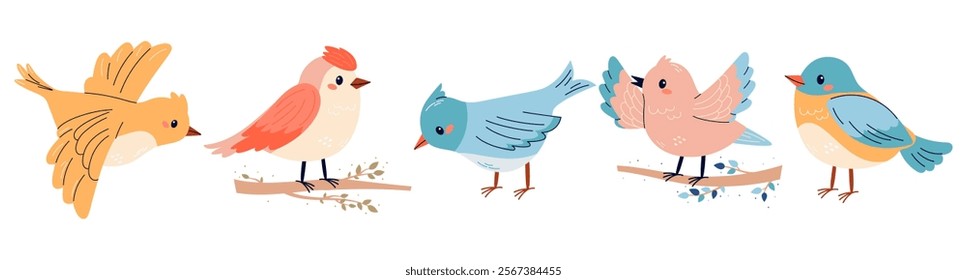 Set of spring birds illustrations in cute  childish style. Different birds. Beautiful and cute multi-coloured birds. Vector cartoon illustration in childish style. Isolated on white.