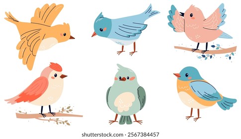 Set of spring birds illustrations in cute  childish style. Different birds. Beautiful and cute multi-coloured birds. Vector cartoon illustration in childish style. Isolated on white.