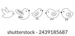 Set of spring birds outline sketch. Charming doodle line art characters for kids cards, baby shower, invitation, poster. Vector stock illustration