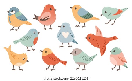 Set of spring birds. Vector cartoon illustration in childish style. Different birds. Images are isolated on white. 