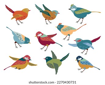 Conjunto de aves primaverales. Vector. Varios pájaros. Las imágenes están aisladas en un fondo blanco.	