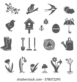 Set of Spring black icons.
Spring flowers, weather, gardening and holiday icons.