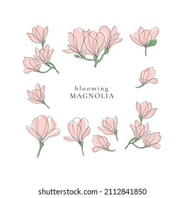 Set of spring blooming magnolia twigs,vector aesthetic contour illustration,outline hand drawing with pastel pink colored abctract petals.For print,stickers,postcard,invitations,patterns.