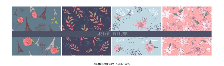 Set of Spring Blossom Flowers Background. Seamless Floral Patterns - in vector, lilies, bicycle, eiffel tower, paris, rose ,flowers. Hand drawing