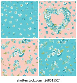 Set of Spring Blossom Flowers Backgrounds - Seamless Floral Shabby Chic Pattern - in vector