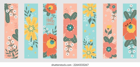 Set spring bookmarks. Hello spring. Spring flowers, leaves on pink and blue background. Banners, flyers, posters, postcards. 