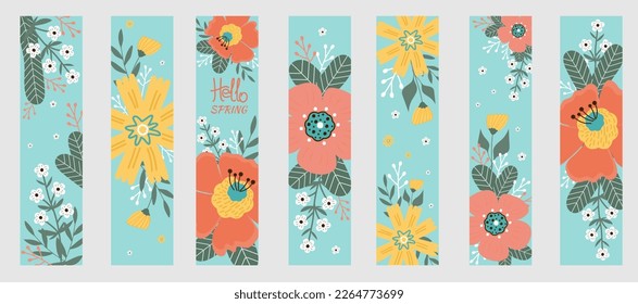 Set spring bookmarks. Hello spring. Spring flowers, leaves on blue background. Banners, flyers, posters, postcards. 