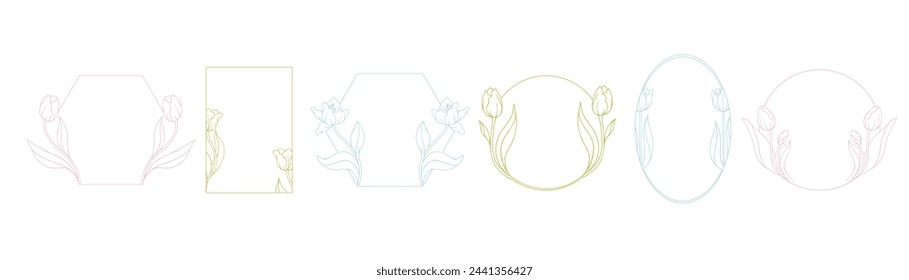 Set of spring botanical frames with flowers and tulip buds.Vector graphics.