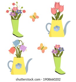 Set of spring bouquets of flowers in a watering can and a boot. Vector illustration for design