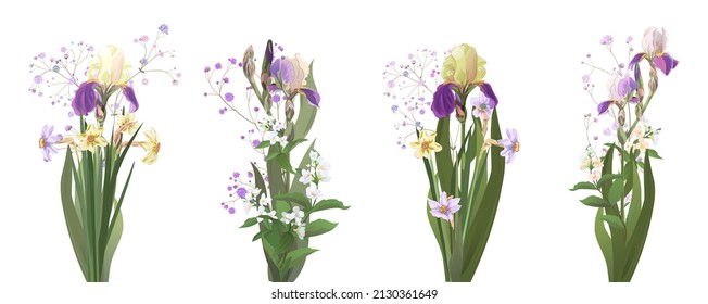 Reihe von Frühlingsbouquets: Iris, daffodil, Narzissen, Zigeuner, Jasmin. Realistische Blumen und kleine Zweige auf weißem Hintergrund. Digitale Zeichnungsgrafik im Aquarellstil, Panoramasicht, Vektorgrafik