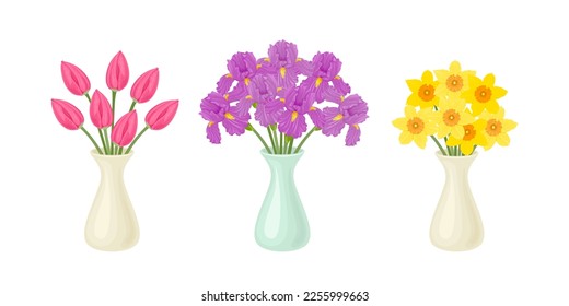 Set of spring bouquets in vases isolated on white. Vector cartoon illustration of beautiful flowers. Pink tulips, yellow daffodils and purple irises. - Shutterstock ID 2255999663