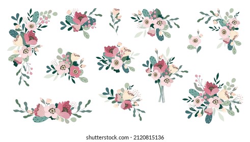 Set of spring branch with summer floral elements: flowers, green leaves, berries. Concept bouquet, border, corner for wedding, Womens Day 8 March, Valentines day, kids holiday. Vector illustration