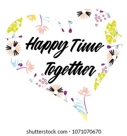 Set of spring bright flowers in shape of heart on white background. Golden, yellow, pink elements.