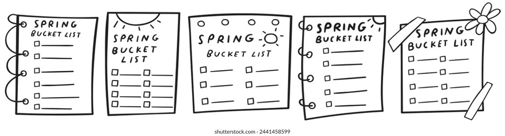Set of spring bucket lists. Templates Outline vector hand drawn illustrations on white background.