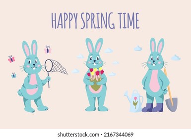 A set of spring bunny characters. Rabbit with a net, a bouquet of tulips, gardening. Flat vector illustration