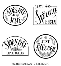 Set of Spring calligraphic contour greeting cards. Slogans Spring sale, Let spring begin. Vector typography design for banner, poster, card. Modern vector calligraphy isolated on white background