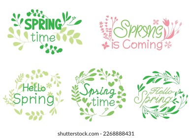 Conjunto de caligrafía de primavera. Hojas verdes y colección de letras de decoración floral. Hora de primavera, Hola primavera y primavera vienen las letras para el logo estacional, saludo y diseño gráfico.