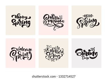 Set of Spring Calligraphy lettering handwritten phrases. Vector Hand Drawn Isolated scandinavian text kit. Cute vintage design for greeting card, scrapbook, print