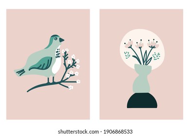 Satz Frühlingskarte mit Vogel auf Blütenbrunch, Vase der Blumen, Grußsaison, Vektorgrafik