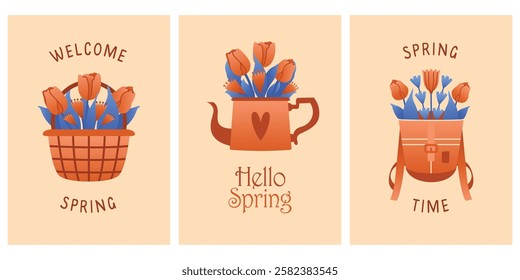 Set of spring card designs. Postcard with naive vector illustrations of basket, teapot, backpack full of spring flowers, tulips, plants, leaves. Flat Design. Cute banners with romantic cliparts.