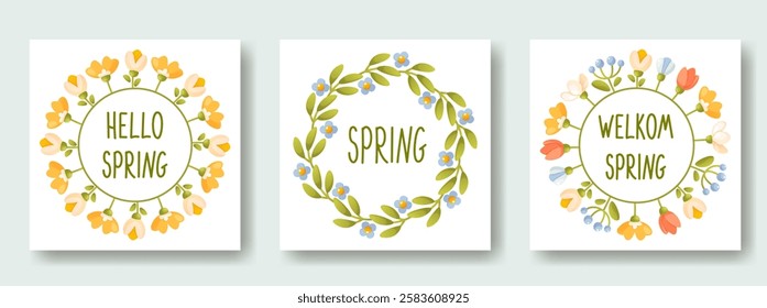 Set of spring card templates with green leaves and flowers, text Hello Spring. Floral wreath, floral round frame. Vector illustration for greeting cards, invitations, banners