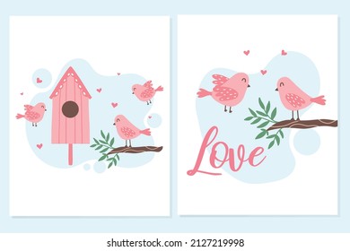  Juego de cartas de primavera con pájaros. Afiche con pájaros rosas y pajarera. Afiche con adorables pájaros rosados. Ilustración vectorial al estilo de las caricaturas.