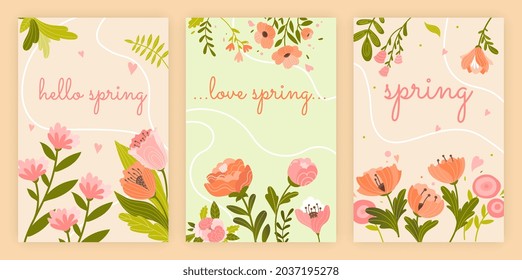 Set of spring cards. Collection of greeting cards. Romance, love, March 8. Templates for text, wallpapers for smartphones, trendy style. Flat vector illustrations isolated on beige background