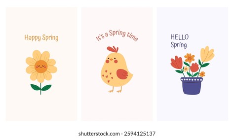 Set of spring cards with cute flowers and chicken. Minimalistic hand drawn design of Spring greeting card. Hello Spring