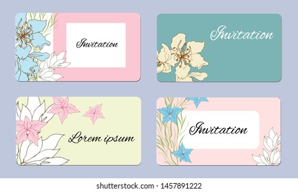 Set of spring cards with delicate flowers. Vector illustration of pink and white flowers. Delicate cards in vintage style.