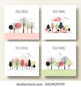 Set of spring cards with fairy trees. Spring trees minimalist style. Cartoon fantasy trees composition, frame. 