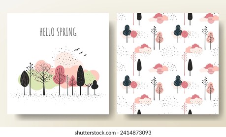 Set of spring cards with fairy trees and seamless pattern. Cartoon fantasy trees composition, frame. 