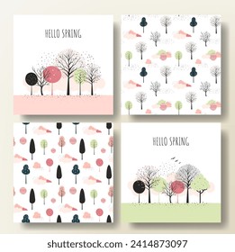 Set of spring cards with fairy trees and patterns. Cartoon fantasy trees composition, frame. Minimalist style. 