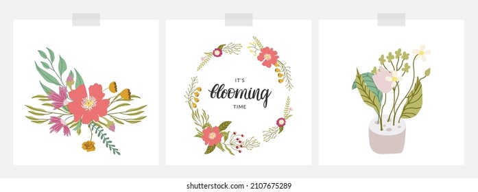 Set Of Spring Cards With Flowers - In Ikebana Vase, In Bouquet, Floral Circle Frame. Pretty Vector Decorations With Calligraphy. Flat Hand Drawn Illustrations. Isolated On White.