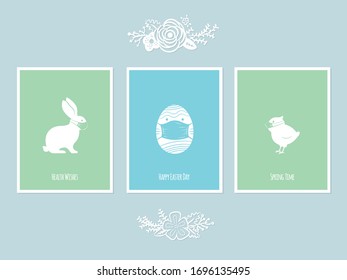 Set of spring cards. Happy Easter Quarantine. Stay home. Bunny, bird and egg wearing medical masks to prevent disease, flu, air pollution, contaminated air, world pollution, coronavirus (COVID-19)