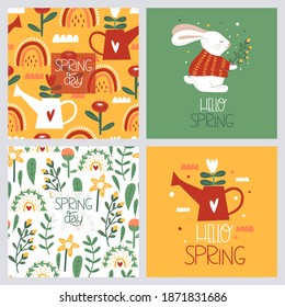 Set of spring cards. Modern print, greeting card, poster, banner, sticker and other users. Vector cartoon illustration.